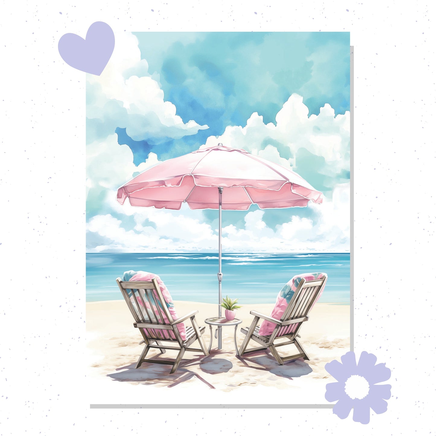 Beach scene with pink umbrella and chairs under a blue sky with clouds.