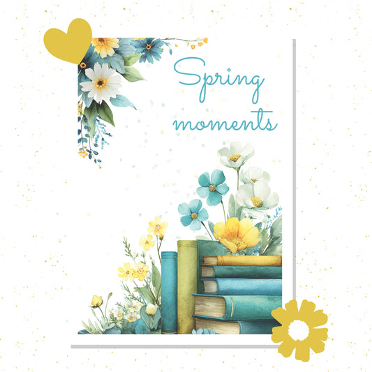 Card with 'Spring moments' text, flowers, and books on a white background