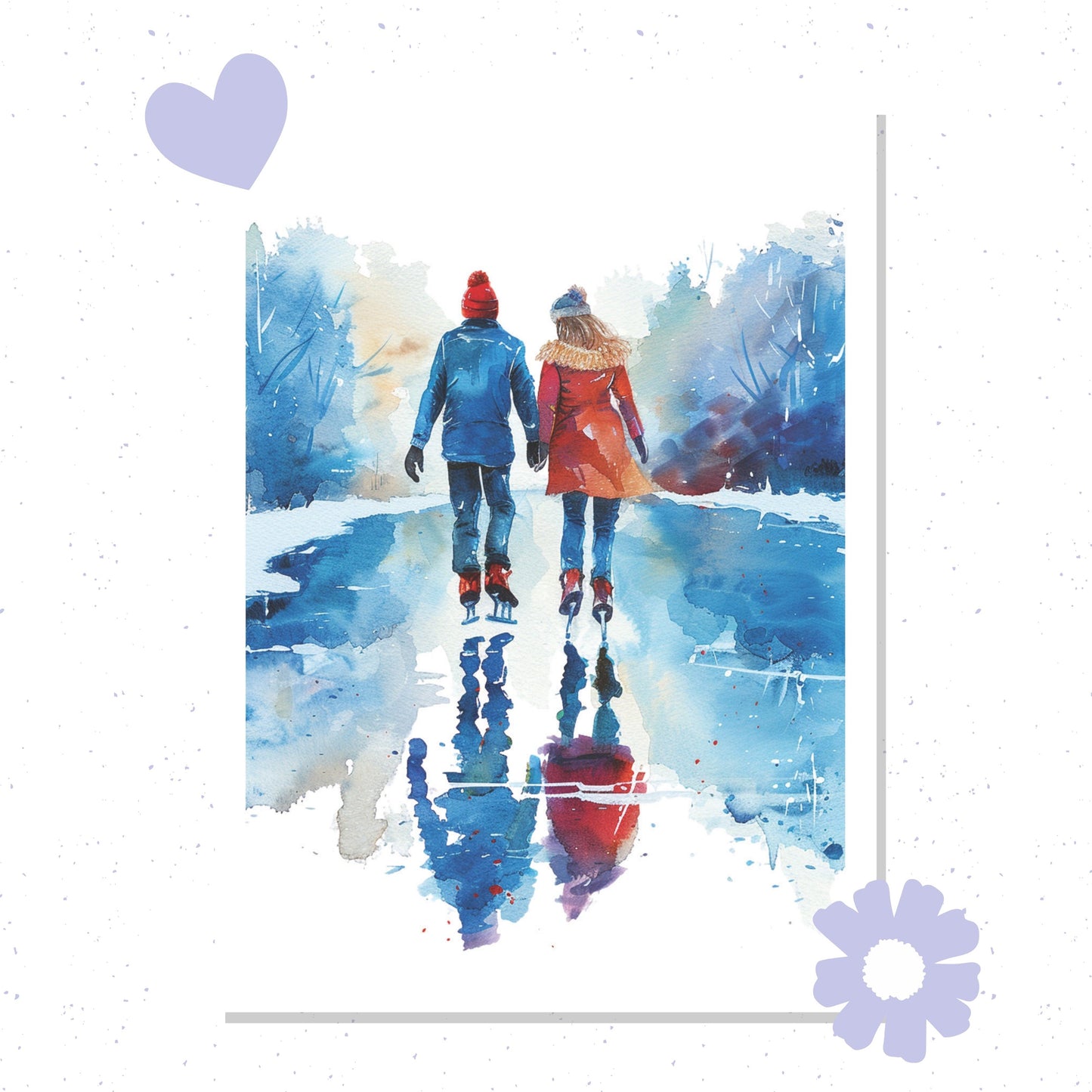 Two people ice skating on a frozen lake with a snowy landscape, heart and flower graphics.