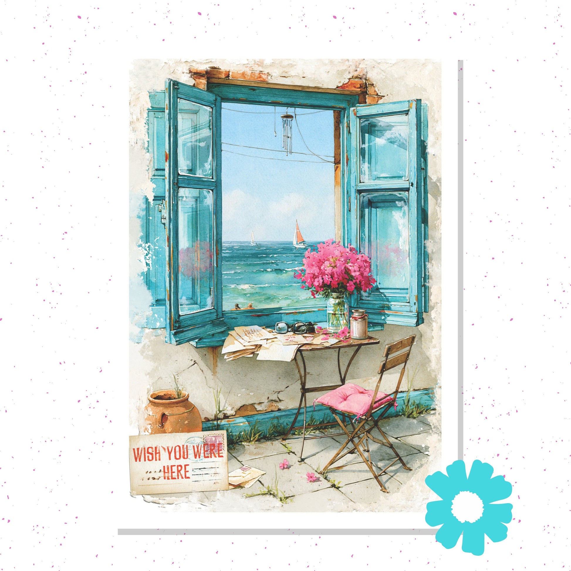 Painting of an open window with a view of the sea, table, and chair with a pink flower.