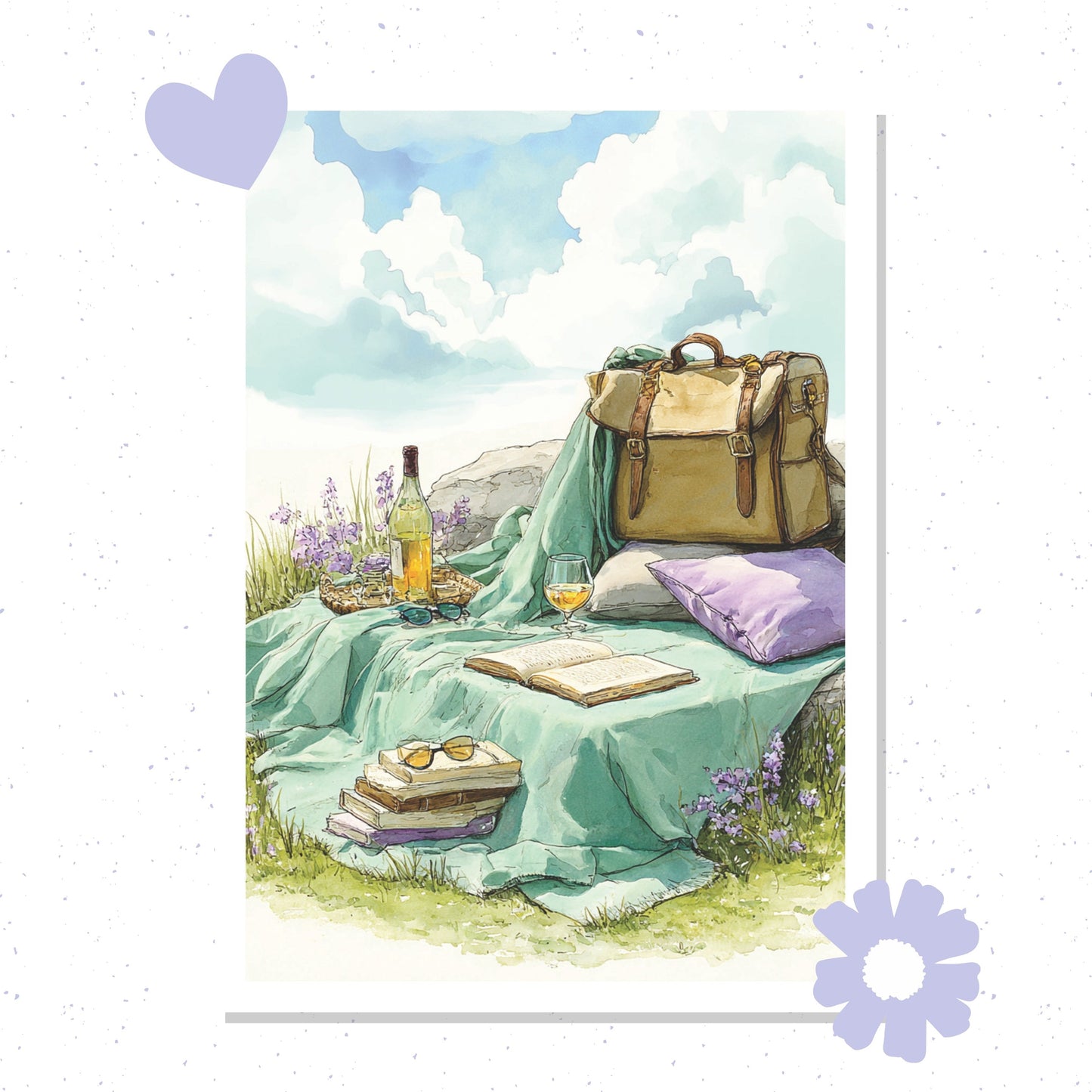 Illustration of a picnic setup with a bag, books, and wine on a blanket in a scenic setting.