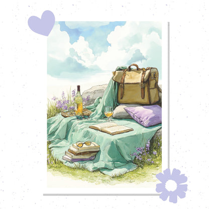 Illustration of a picnic setup with a bag, books, and wine on a blanket in a scenic setting.