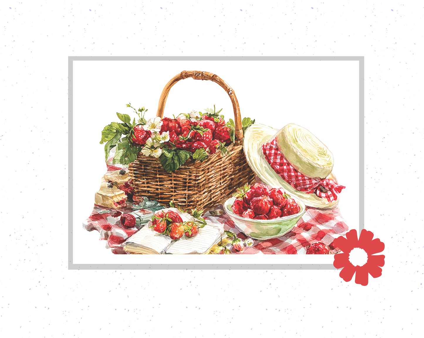 Picnic scene with a wicker basket, fruits, and a checkered blanket on a white background.