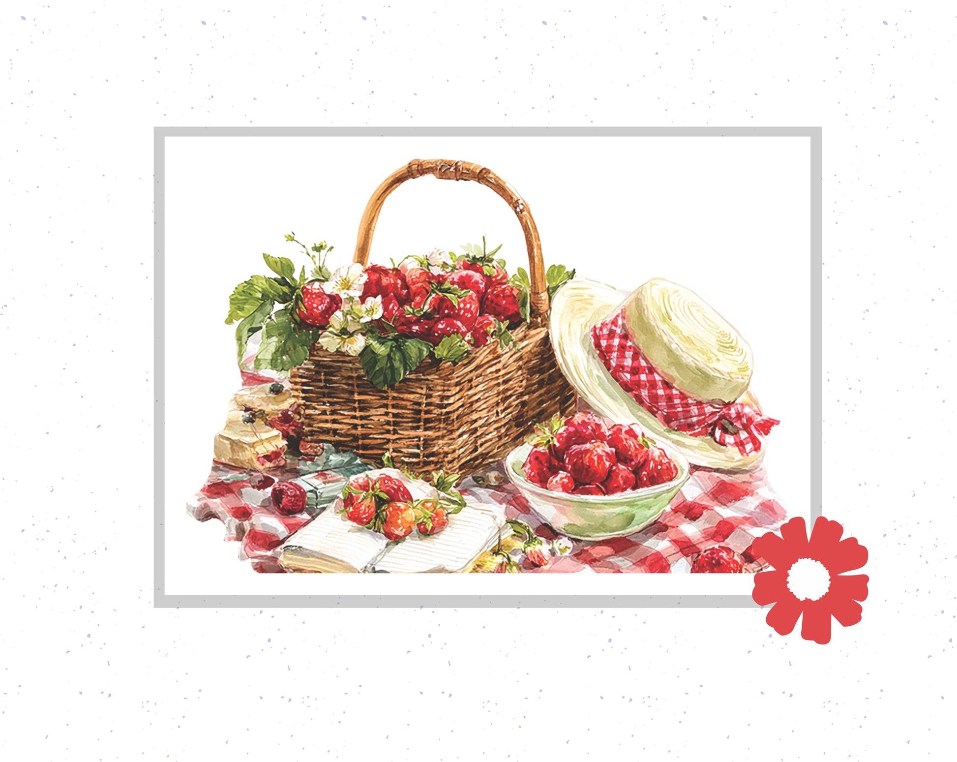 Picnic scene with a wicker basket, fruits, and a checkered blanket on a white background.