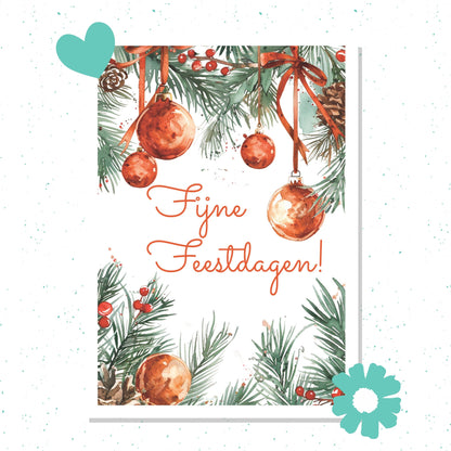 Christmas-themed card with ornaments and text 'Fijne Feestdagen' on a white background.