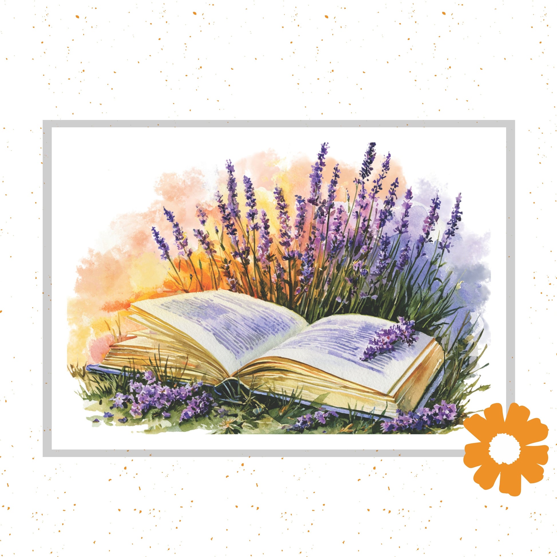 Open book surrounded by lavender flowers on a white background
