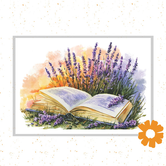 Open book surrounded by lavender flowers on a white background