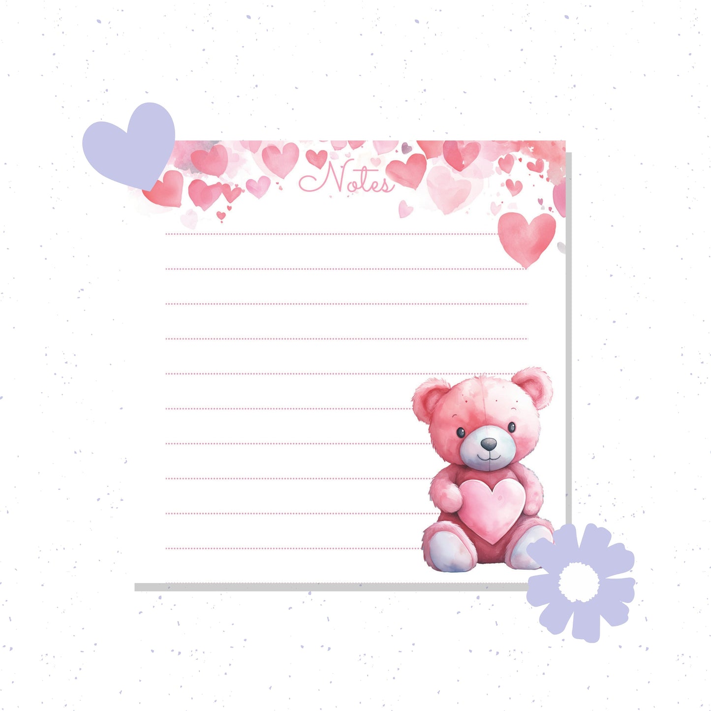 Notepad with a pink teddy bear and heart designs on a white background