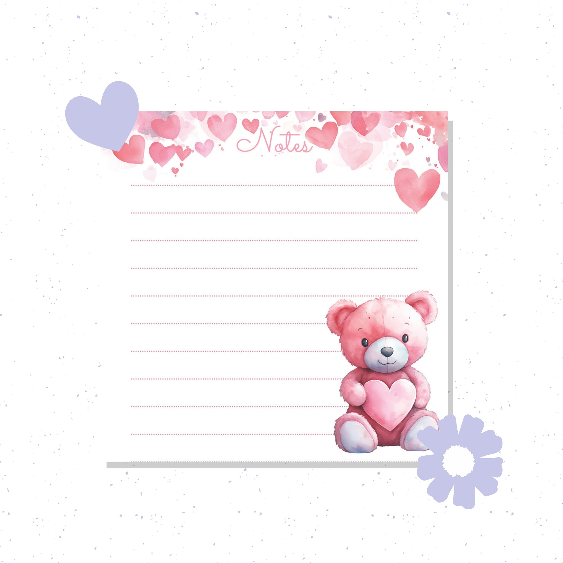 Notepad with a pink teddy bear and heart designs on a white background