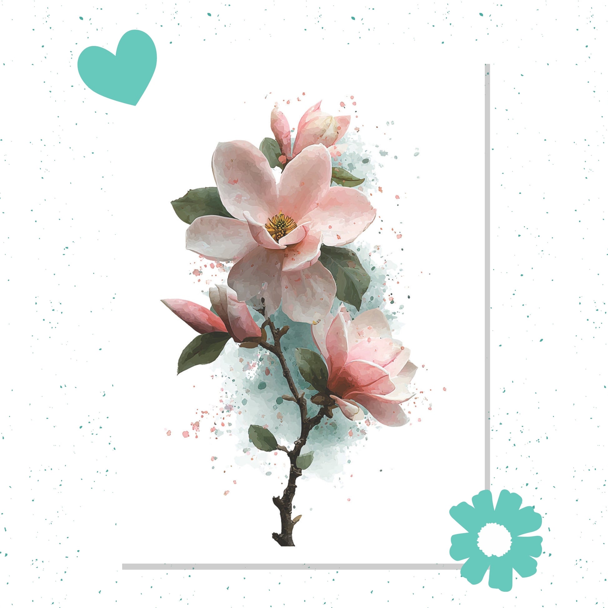 Floral design with pink flowers and green leaves on a white background