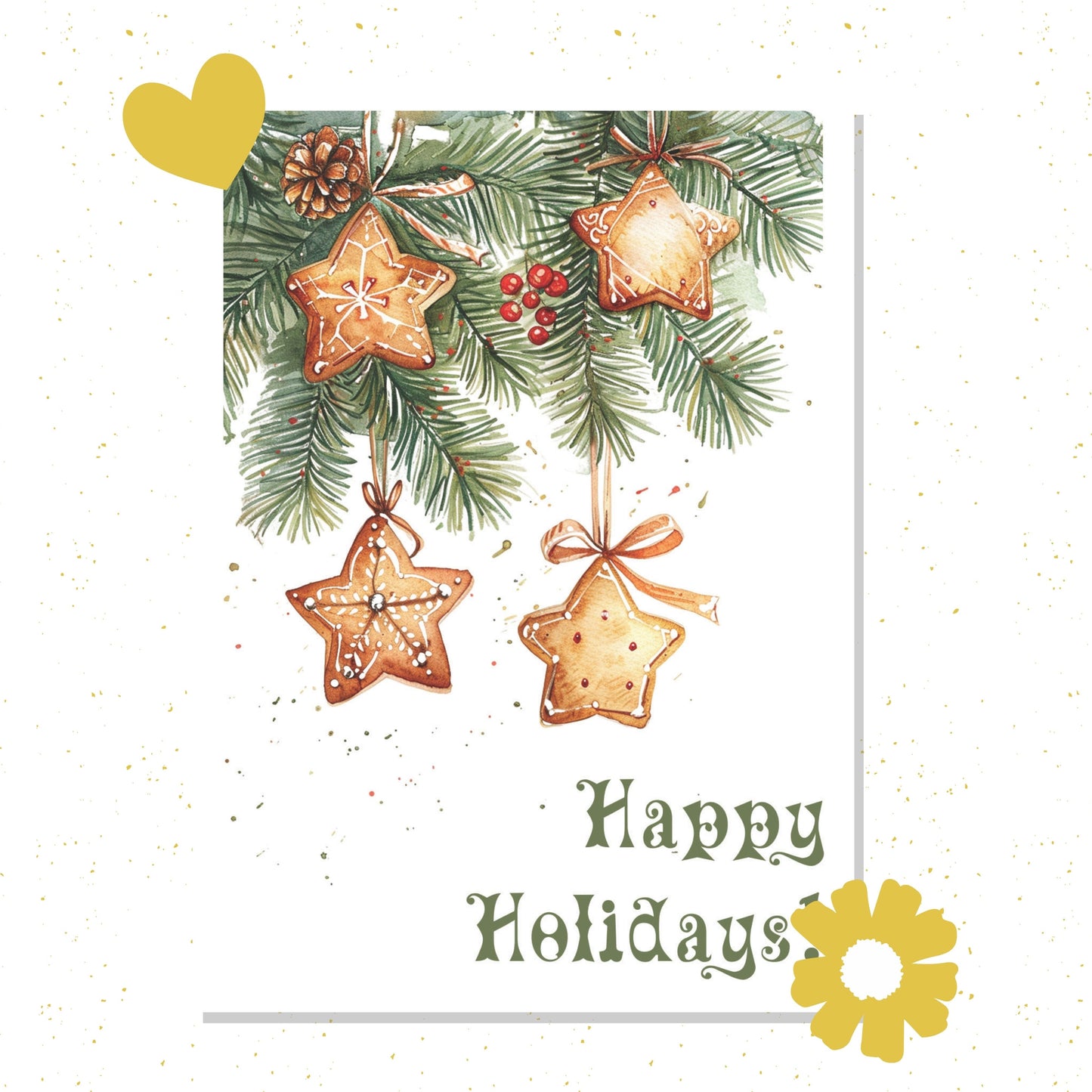 Christmas card with star-shaped ornaments, pine branches, and 'Happy Holidays' text on a white background.