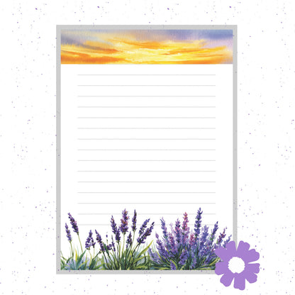 Notepad with lavender design and sunset background