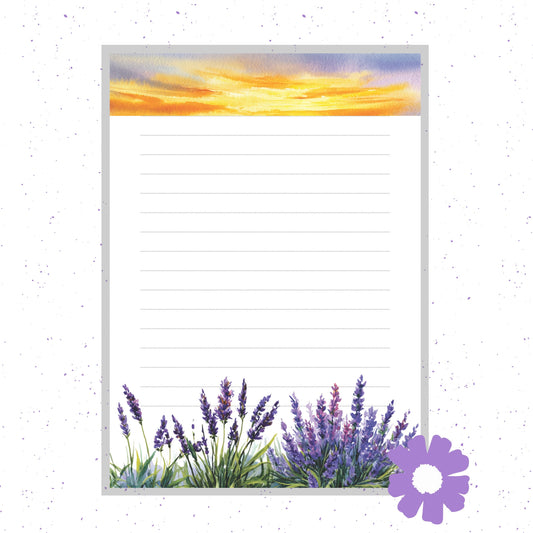 Notepad with lavender design and sunset background