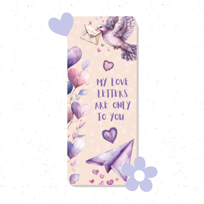 Decorative bookmark with love-themed illustrations and text on a light pink background
