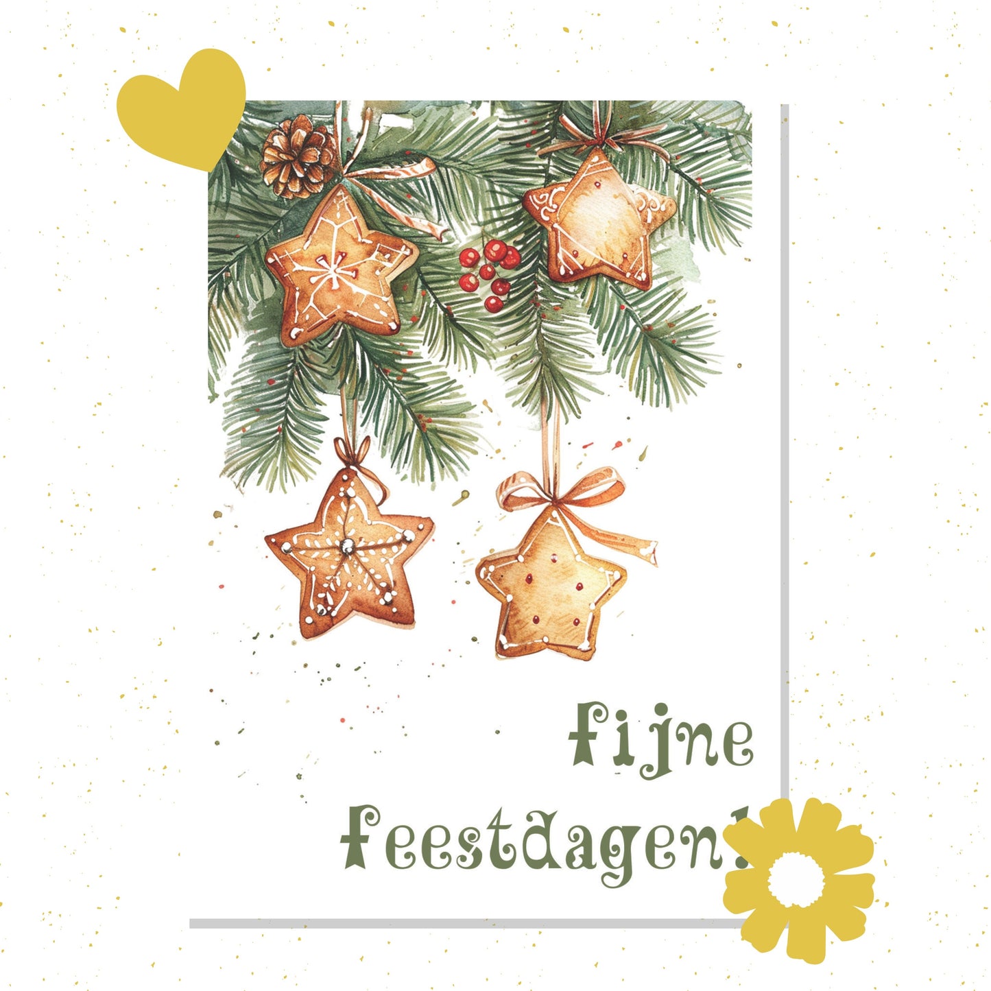 Christmas-themed card with star-shaped cookies and pine branches on a white background.