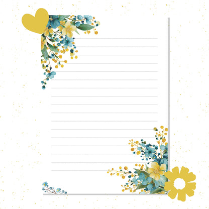 Floral-themed lined paper with decorative corners on a white background