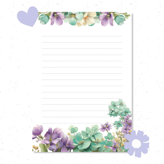 Floral border with purple and green flowers on a lined paper background