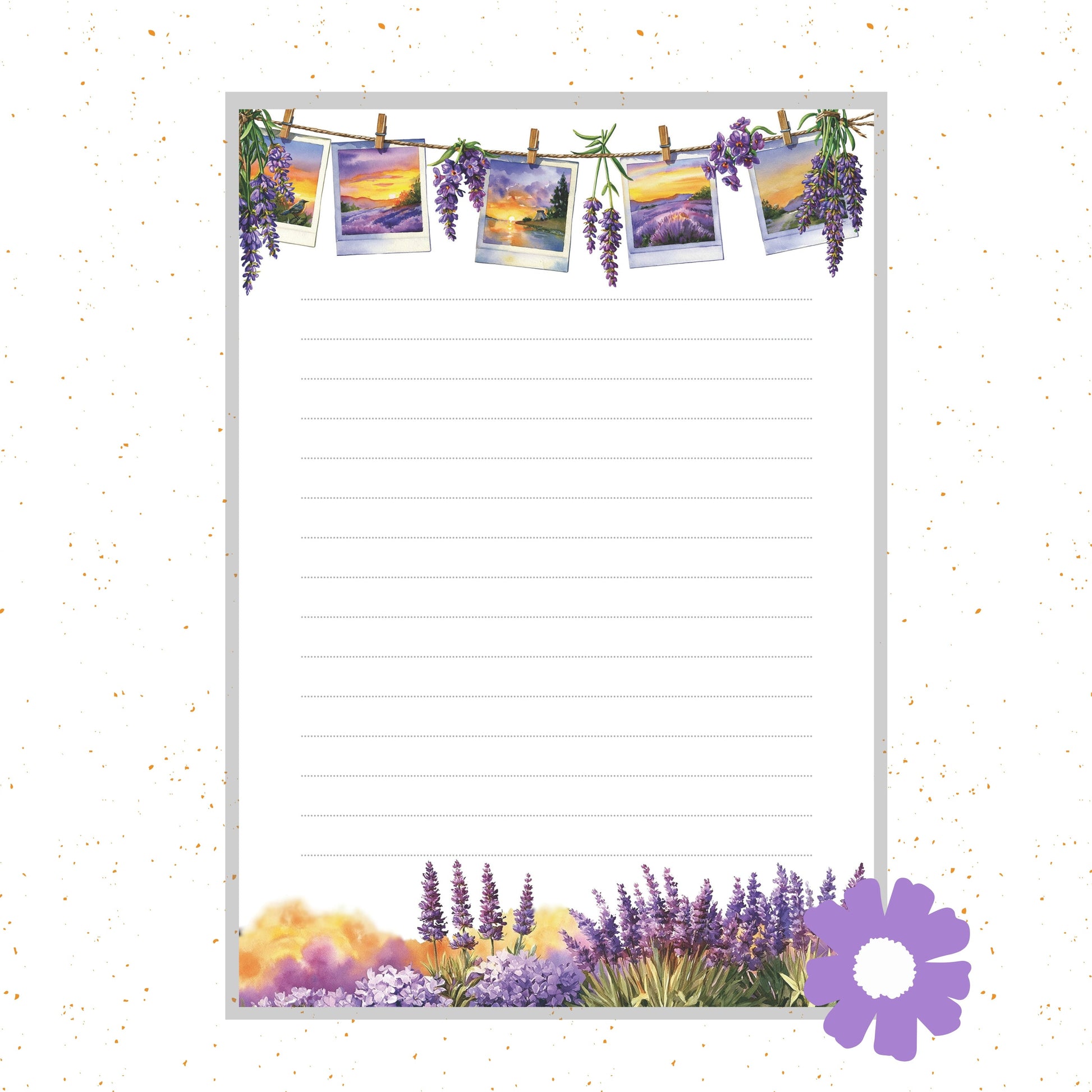 Notepad with lavender-themed design, including photos of lavender fields and a purple flower logo.