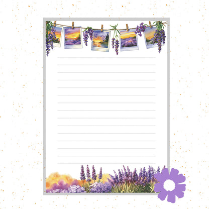 Notepad with lavender-themed design, including photos of lavender fields and a purple flower logo.