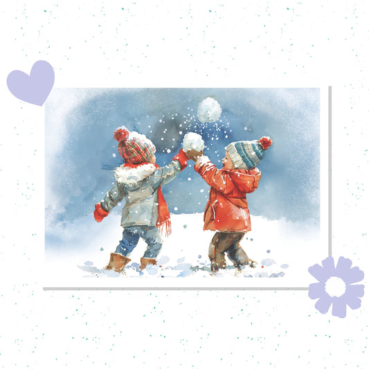 Illustration of two children playing in the snow with a heart and flower graphic on a white background.