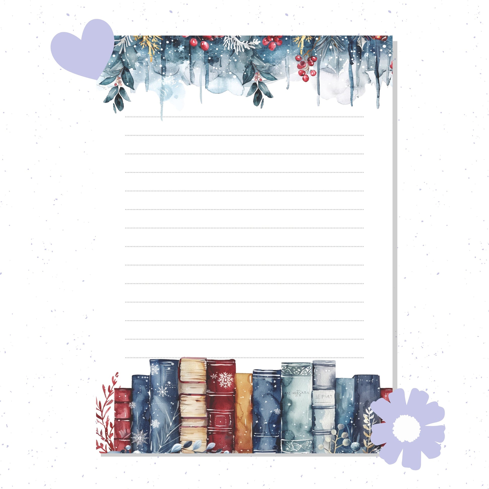 Notebook paper with decorative border featuring books and flowers on a white background