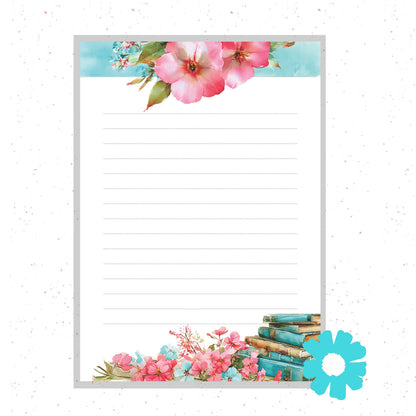 Floral notepad with pink flowers and green leaves on a white background