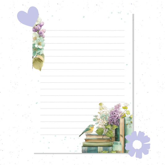 Decorative lined paper with floral elements and a bird on a white background