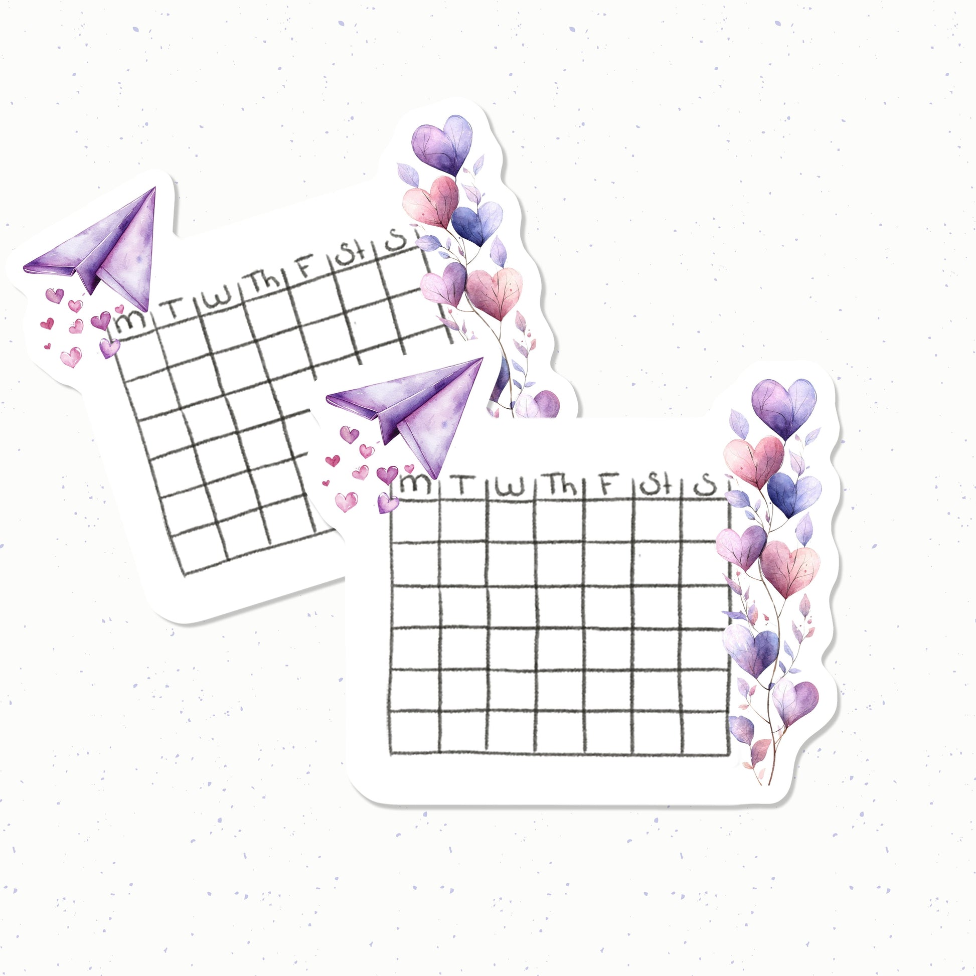 Two planner stickers with grid designs, purple paper airplanes, and colorful balloons on a white background.