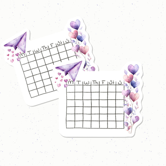 Two planner stickers with grid designs, purple paper airplanes, and colorful balloons on a white background.