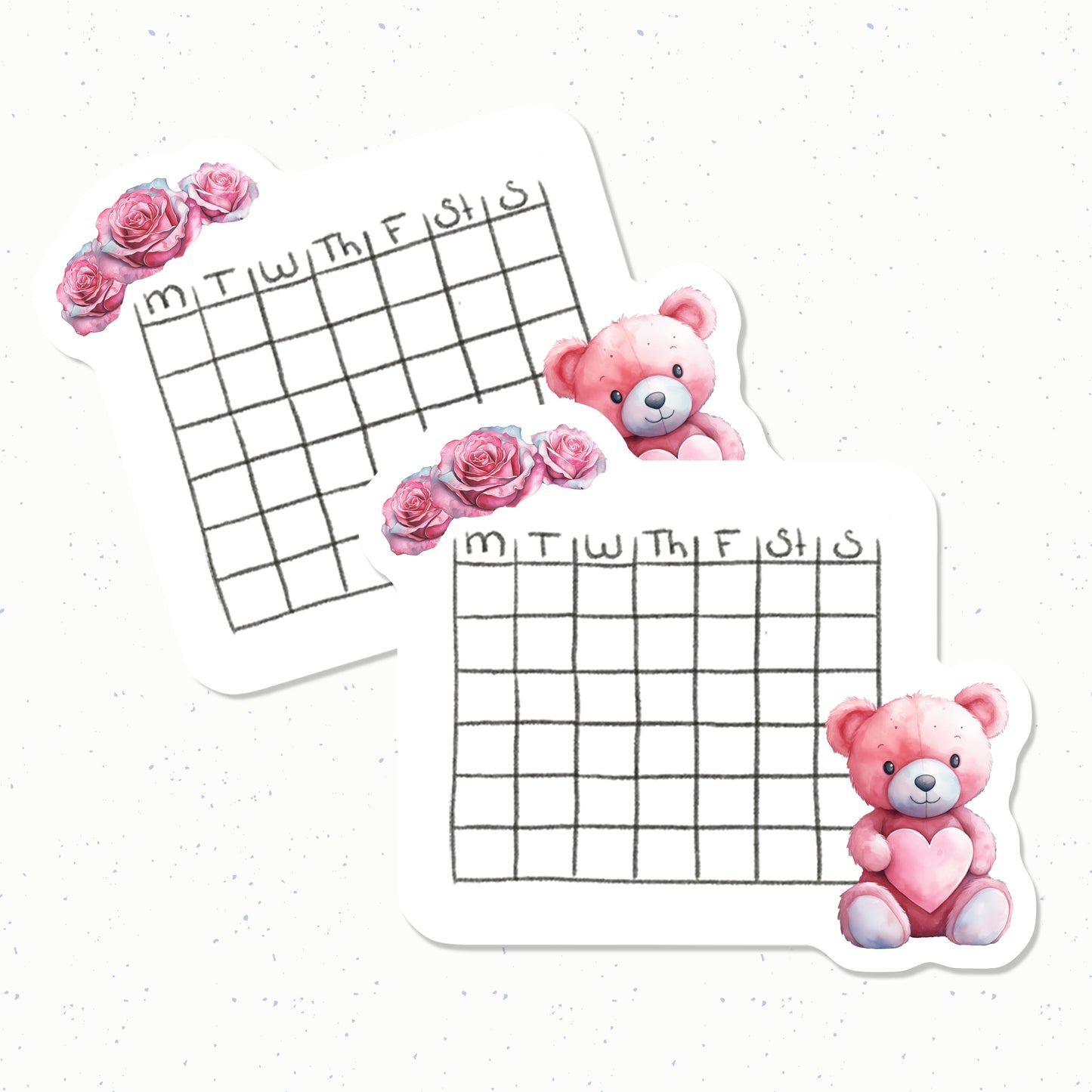 Two small calendars with pink teddy bears and flowers on a white background