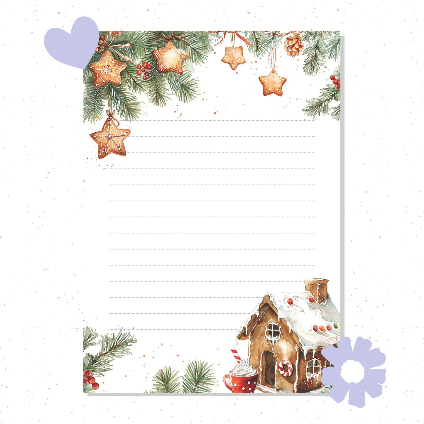Christmas-themed notepad with gingerbread house, cookies, and winter decorations on a white background.