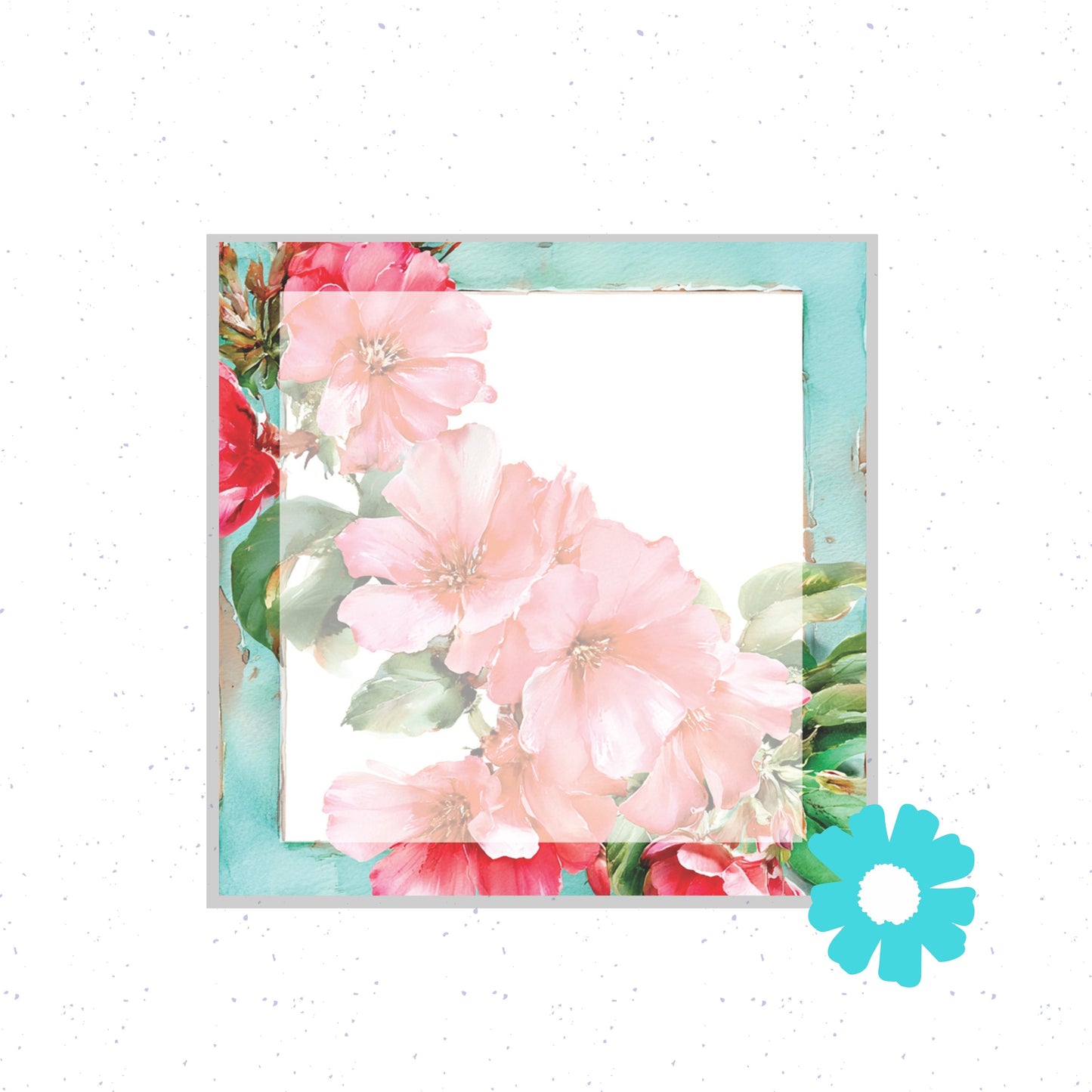 Floral design with pink flowers and green leaves on a light blue background