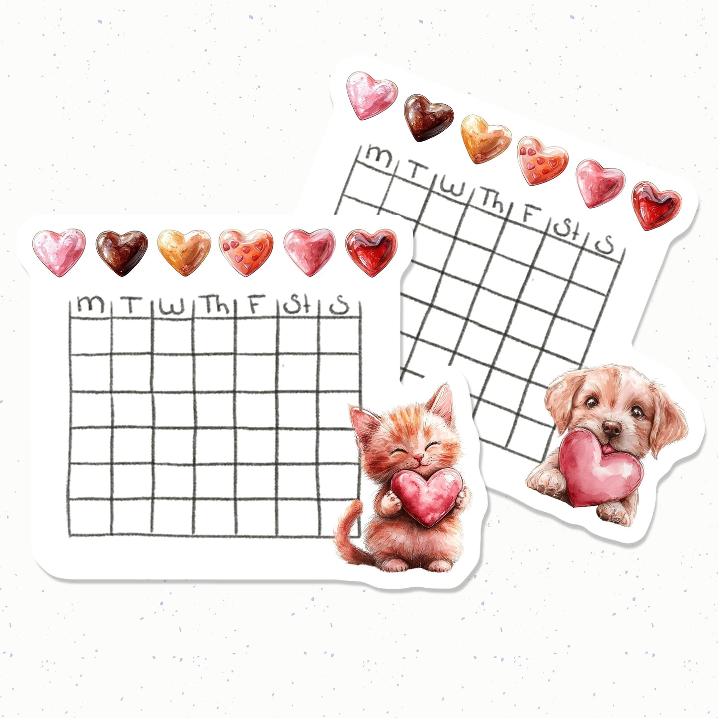 Two stickers with a cat and a dog holding hearts, and a grid layout on a white background.