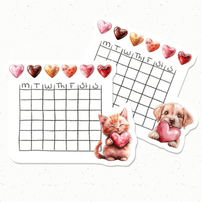 Two stickers with a cat and a dog holding hearts, and a grid layout on a white background.