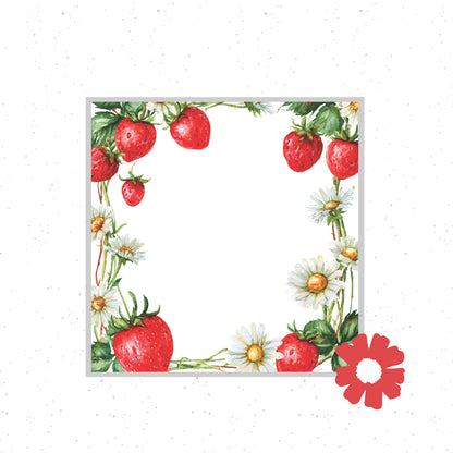 Decorative border with strawberries and flowers on a white background