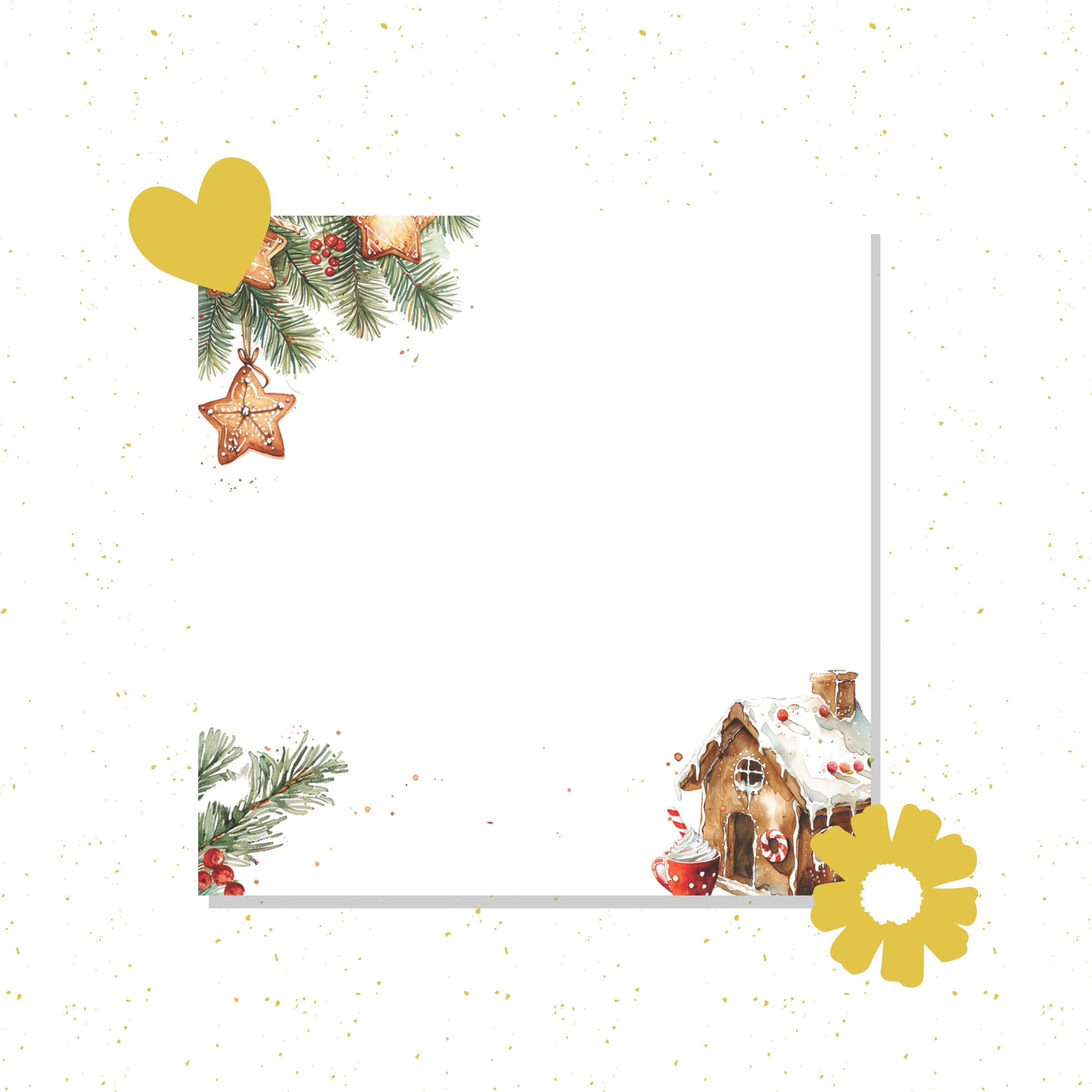Decorative Christmas card with a gingerbread house, ornaments, and pine branches on a white background.