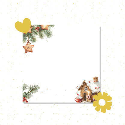Decorative Christmas card with a gingerbread house, ornaments, and pine branches on a white background.