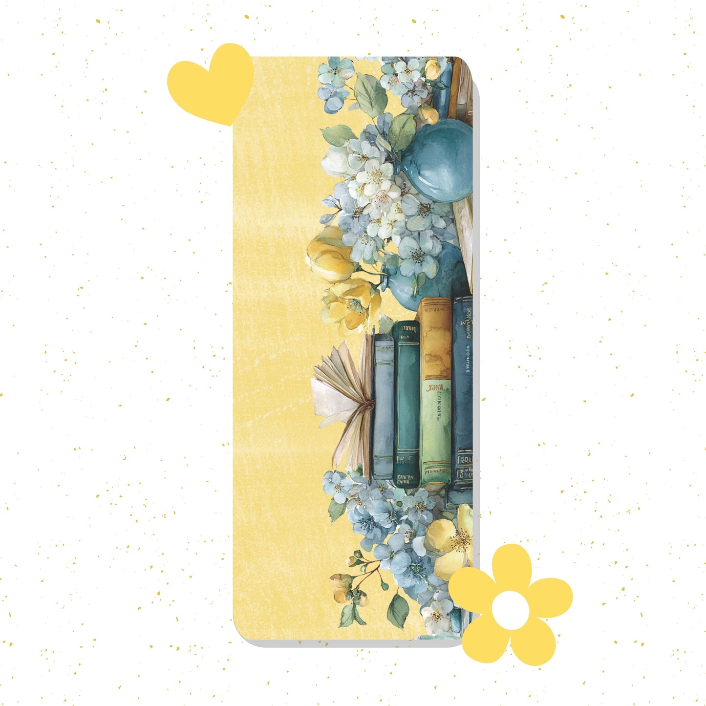 Decorative bookmark with floral design and books on a yellow background