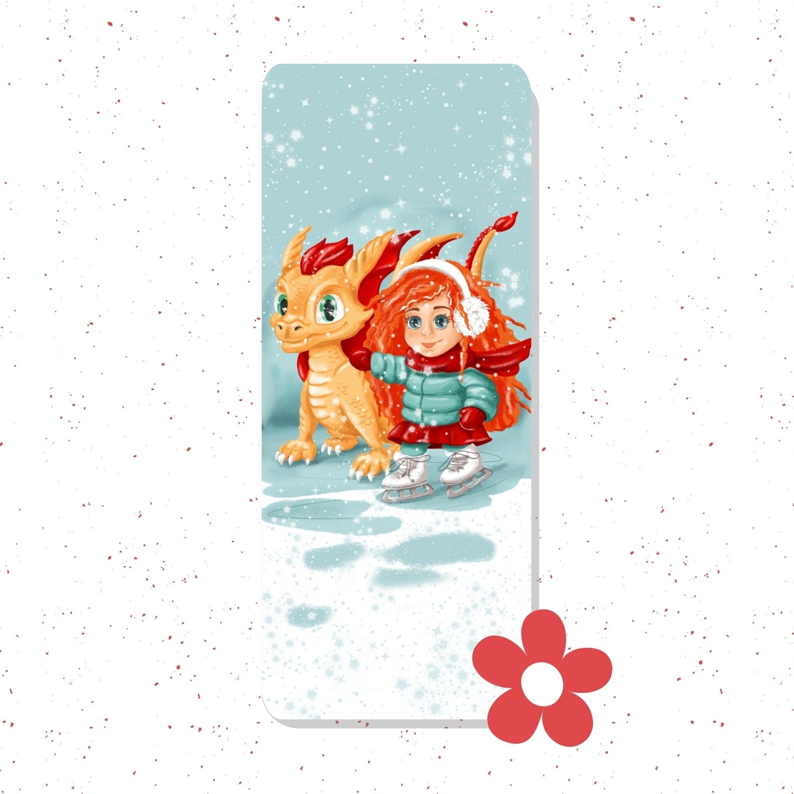 A rectangular printed item, likely a coaster or small sign, featuring an illustration of a red-haired girl in winter clothing and a small orange dragon on a snowy light blue background. The item is centered on a white speckled background with a red flower graphic in the bottom right corner.