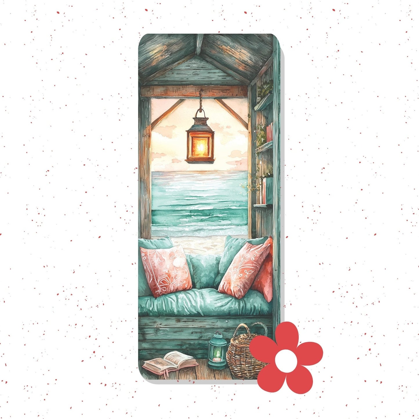 A tall, narrow rectangular card or print featuring a painted coastal nook with a teal cushioned bench, pink pillows, a hanging lantern, and the ocean in the background. The print is centered on a white speckled backdrop with a red flower graphic near the bottom right.