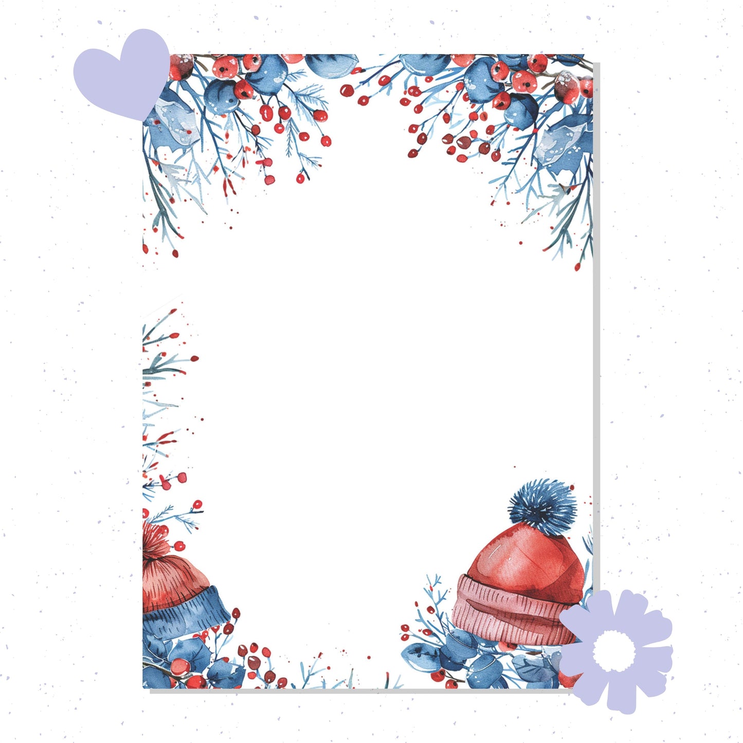 Decorative border with winter-themed elements including hats and flowers on a white background.