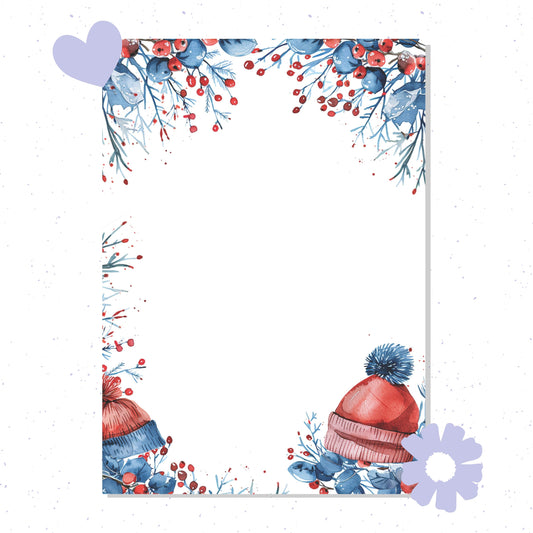 Decorative border with winter-themed elements including hats and flowers on a white background.