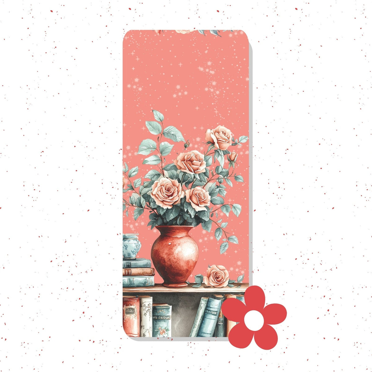 A tall, narrow decorative print or card featuring a watercolor-style floral arrangement in a terracotta vase on a pink background, with books at the bottom. The item is centered on a white speckled backdrop, and a red flower icon appears near the lower right.