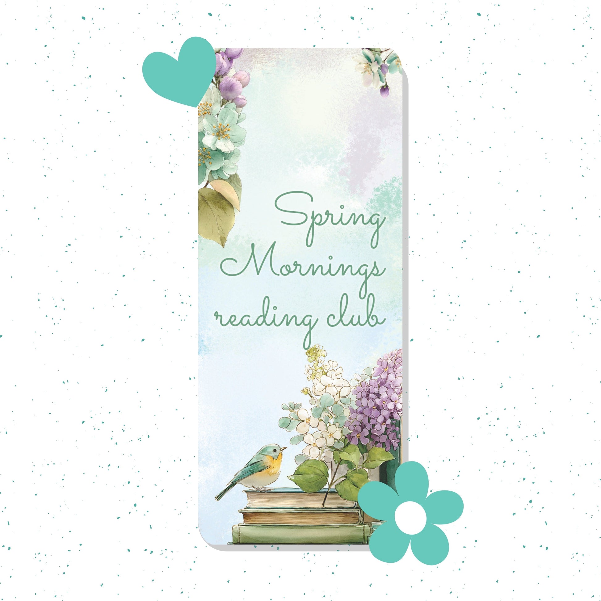 Book-shaped card with floral design and text 'Spring Mornings reading club' on a white background