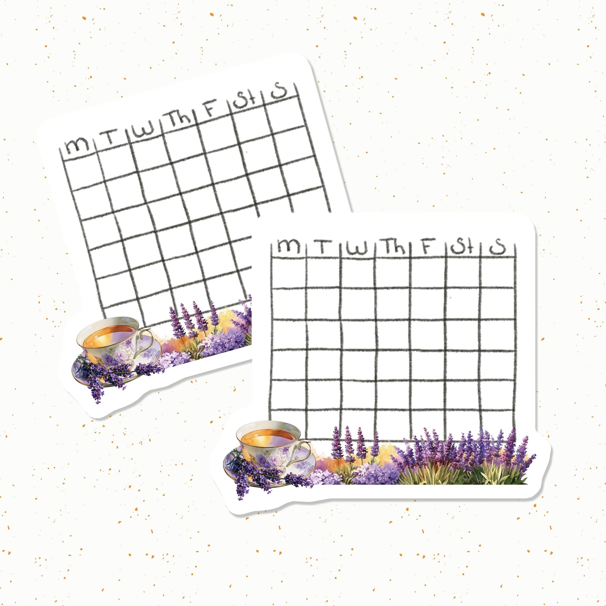 Two decorative planners with tea cup and lavender designs on a white background
