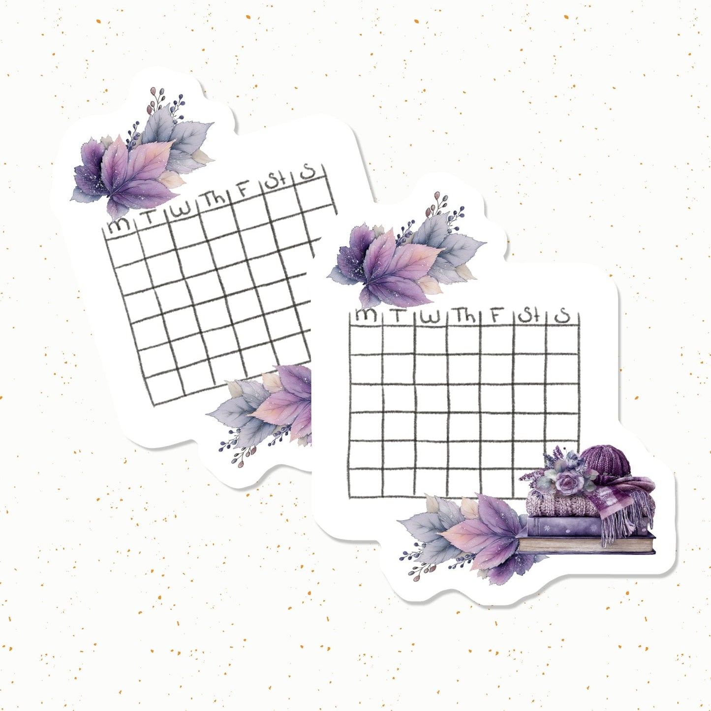 Two die-cut planner stickers with watercolor purple and lavender floral designs, featuring a weekly grid from Monday to Friday at the top, shown on a light speckled background.