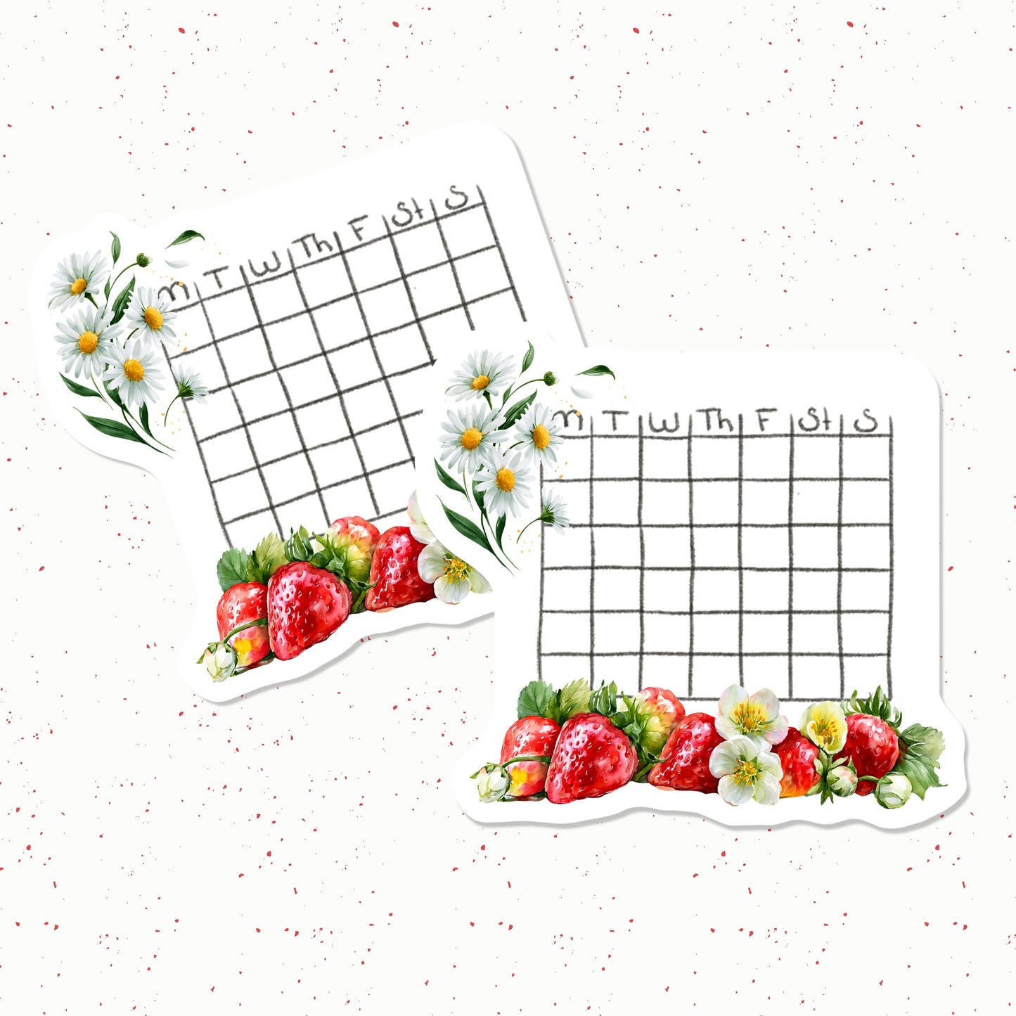 Two grid planners with strawberries and daisies on a white background