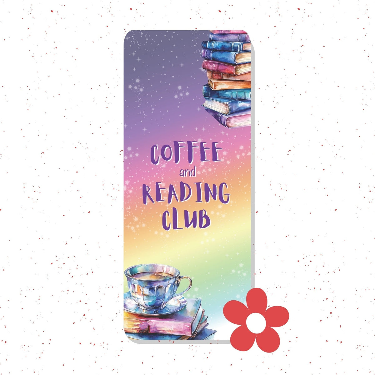A tall, narrow vertical sticker or label with a colorful watercolor design reading 'COFFEE and READING CLUB.' The design shows a stack of books at the top, a teacup and books at the bottom, and a purple-to-yellow gradient background with small white speckles.
