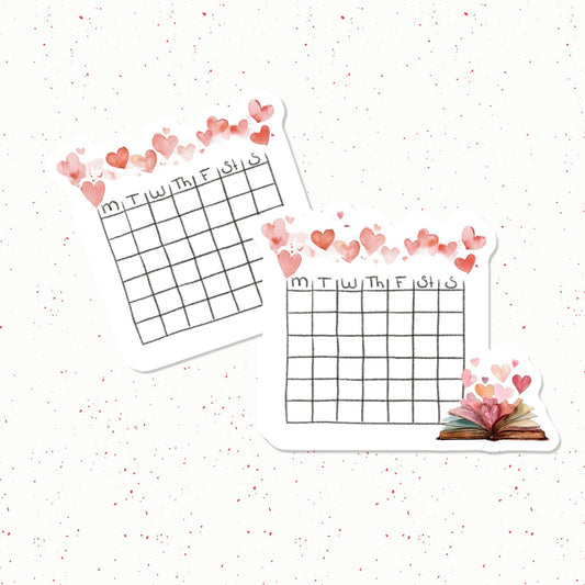 Two die-cut planner stickers with a weekly calendar grid, decorated with pink watercolor hearts and a small open book motif, shown on a white speckled background.