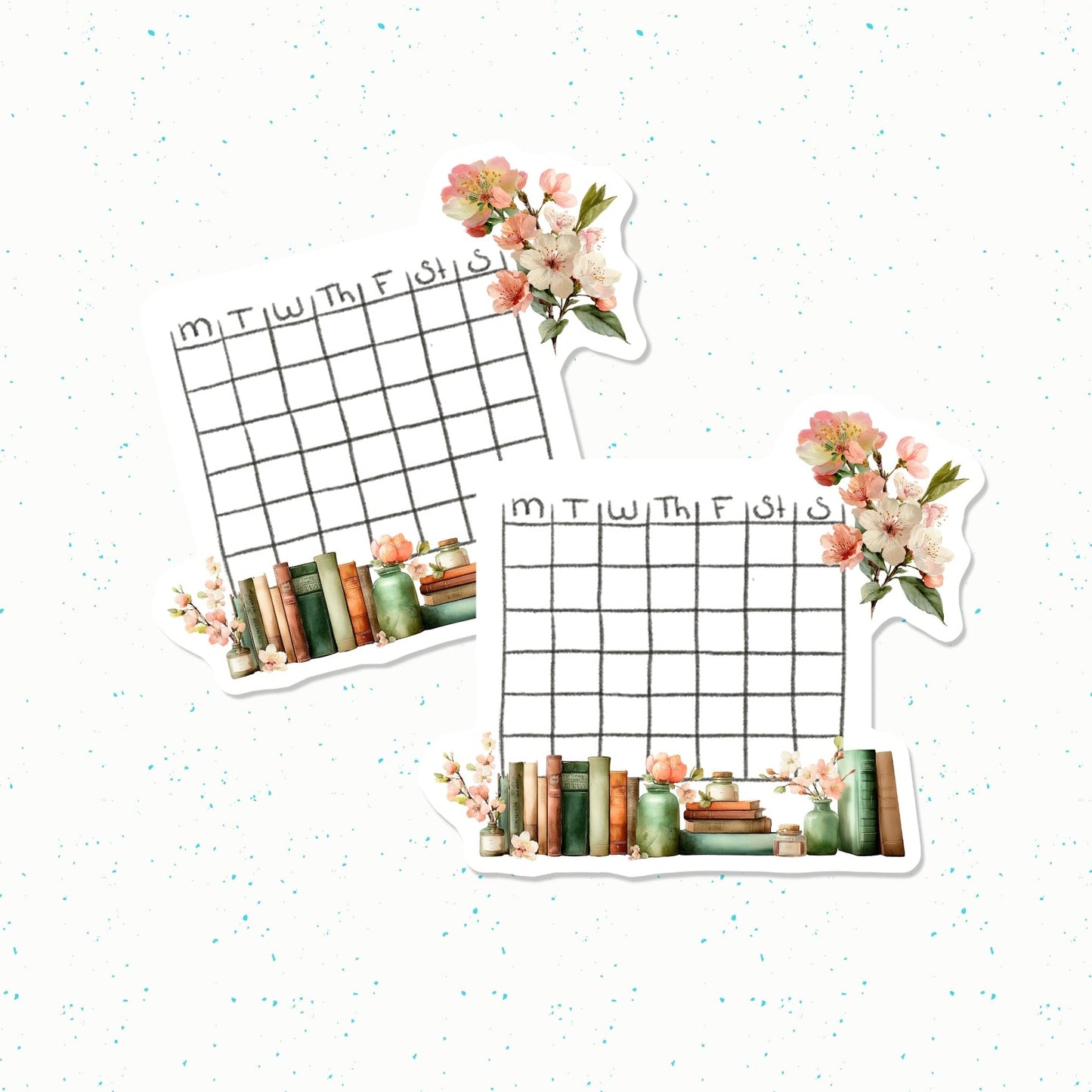 Two die-cut planner stickers featuring a weekly calendar grid with floral and book illustrations, shown on a white background with subtle blue speckles.